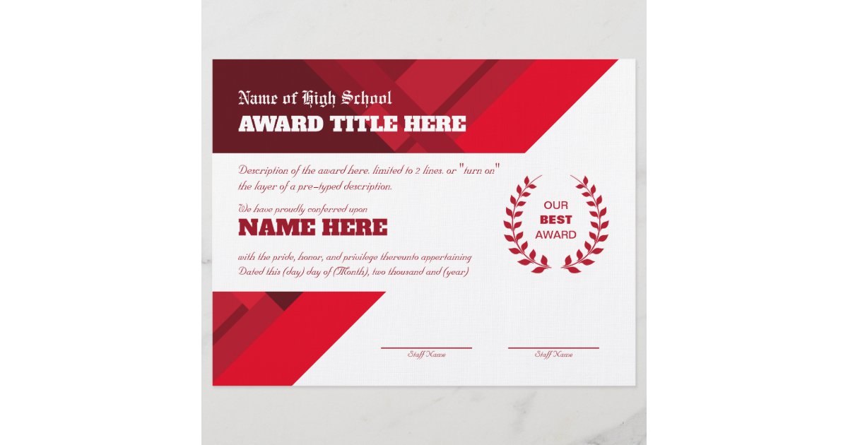 RED SPORTS Recognition Award Certificate Letterhead Zazzle