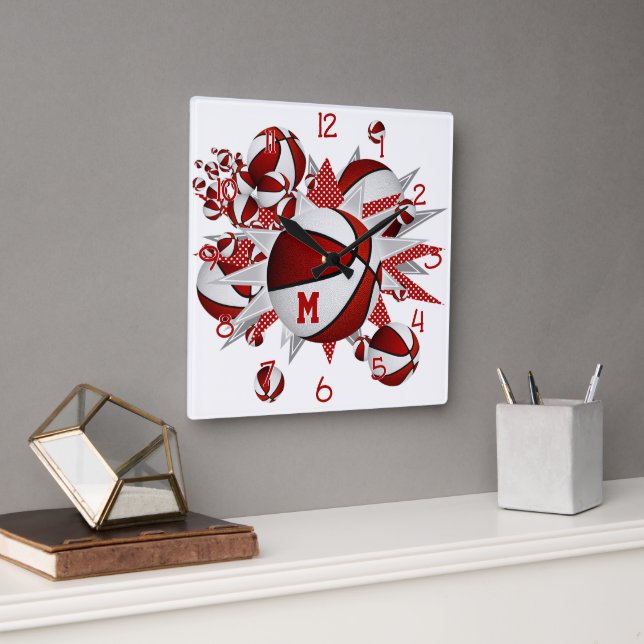 red sports room decor basketballs stars square wall clock (Office)