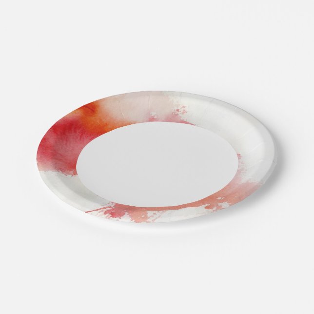 Red spot, watercolor abstract hand painted paper plates (Angled)