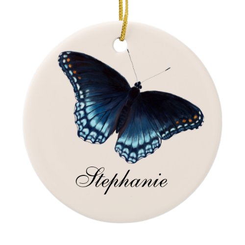 Red-Spotted Admiral Dark Blue Butterfly Painting Ceramic Ornament