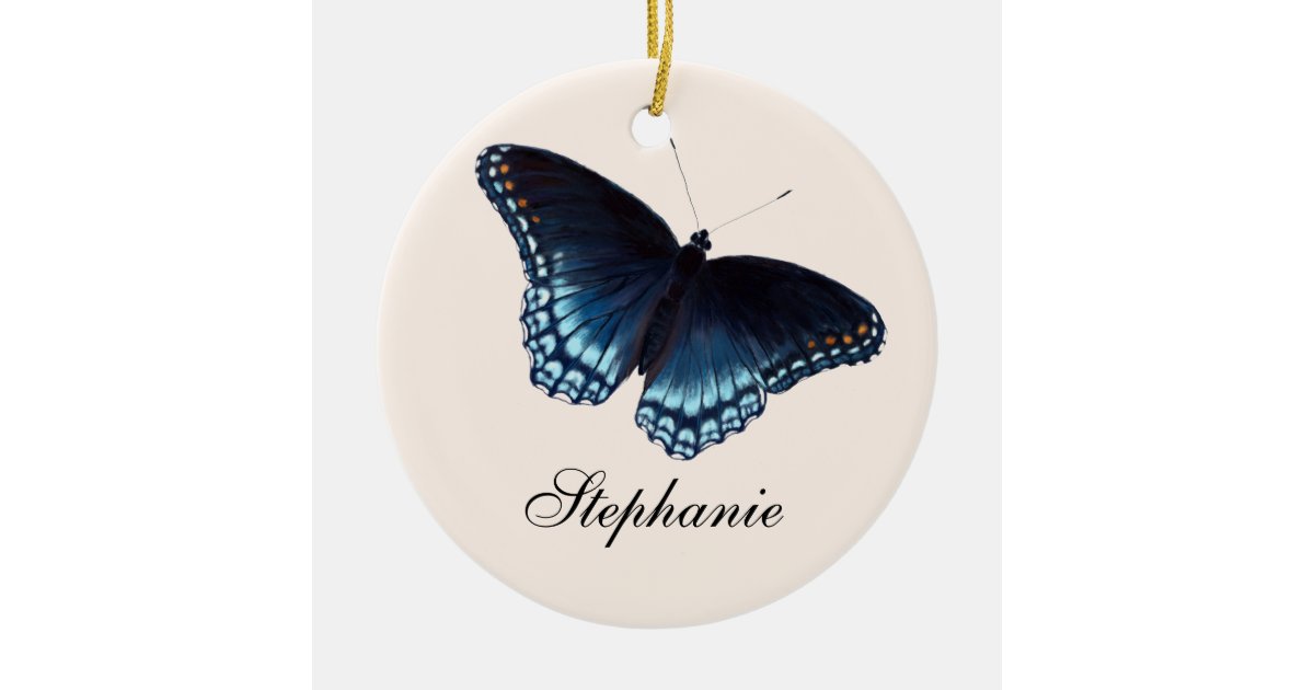 Red Spotted Admiral Dark Blue Butterfly Painting Ceramic Ornament