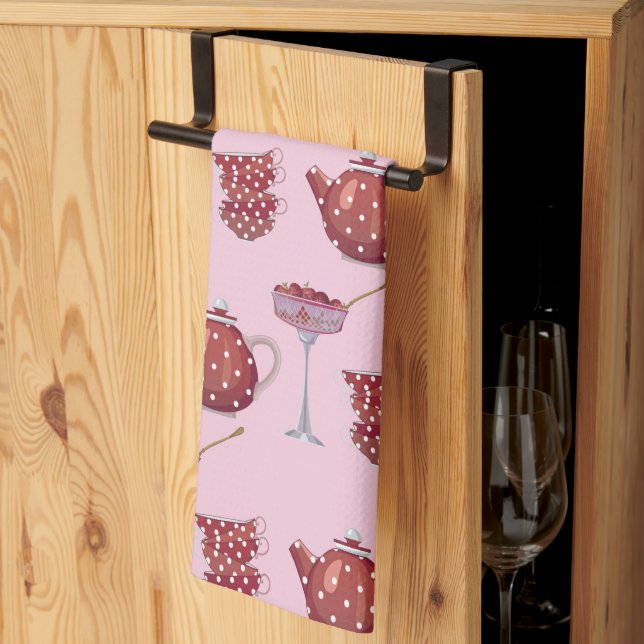 Red Spotty Tea Set and Strawberries Pink Pattern Kitchen Towel (Thirds Fold)
