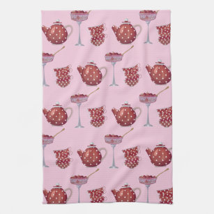Red Spotty Tea Set and Strawberries Pink Pattern Kitchen Towel