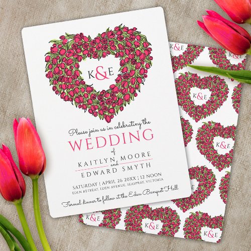 Red spring tulips drawing heart wedding invitation
