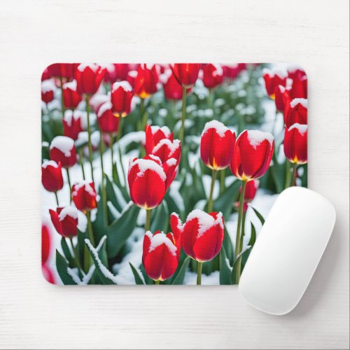 Red Spring Tulips In Snow Mouse Pad