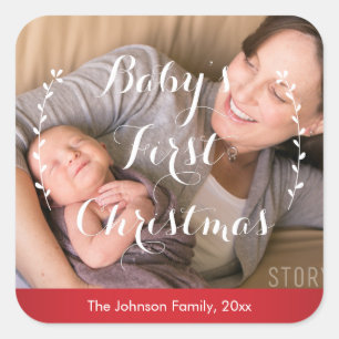 Red Square Baby's First Christmas Photo Stickers