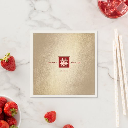 Red Square Double Happiness Gold Chinese Wedding Napkins