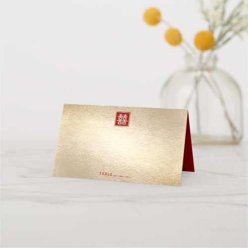 Red Square Double Happiness Gold Chinese Wedding Place Card