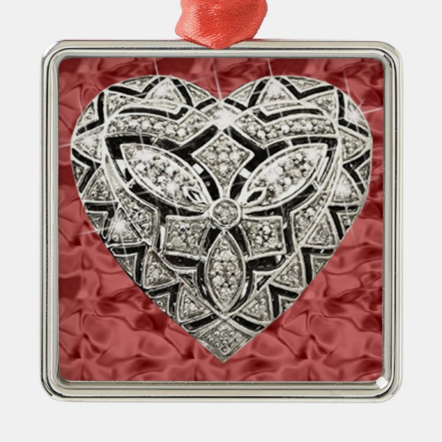 Red Square Elegant Designer Heart Ornament (Front)