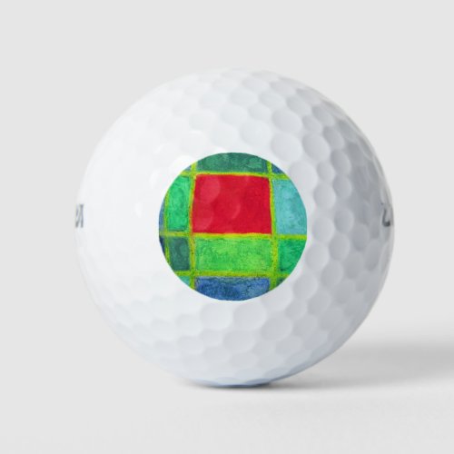 Red Square in a blue green abstract grid Golf Balls