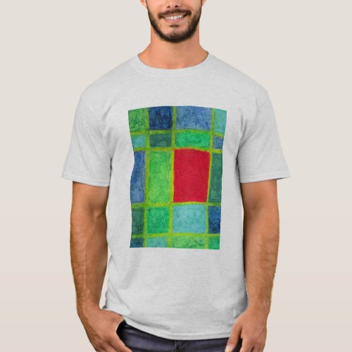 Red Square in a blue green abstract grid T_Shirt