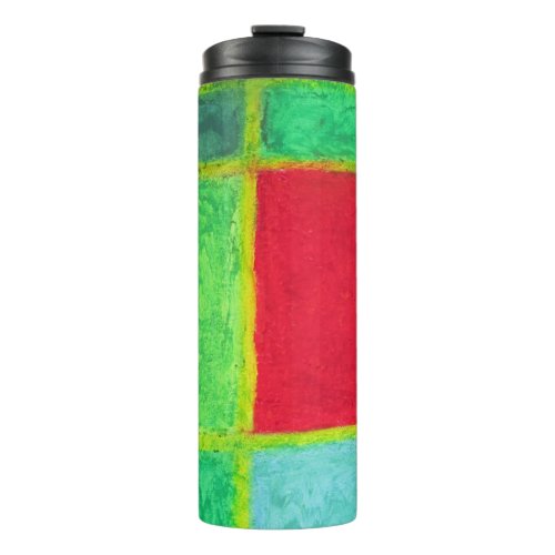 Red Square in a blue green abstract grid Thermal Tumbler