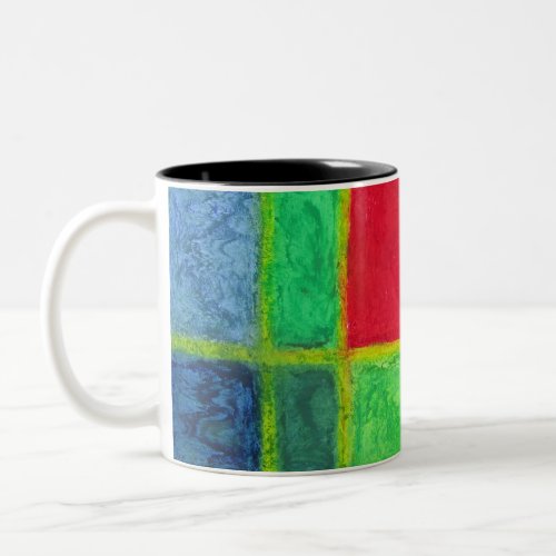 Red Square in a blue green abstract grid Two_Tone Coffee Mug