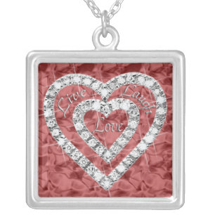 Red Square Live Laugh Love Diamond Heart Necklace