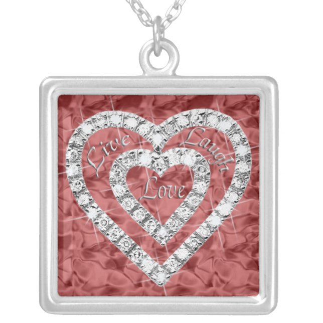 Red Square Live Laugh Love Diamond Heart Necklace (Front)