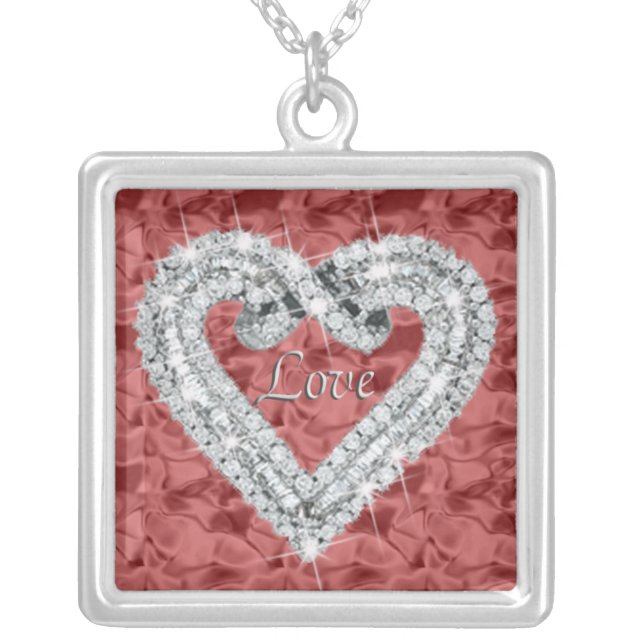 Red Square Love Diamond Heart Necklace (Front)