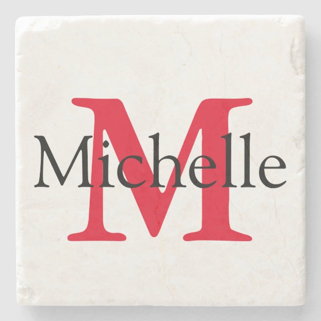 Red Square Monogram Personalized Stone Coaster (Front)