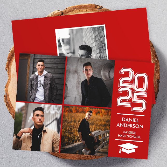 Red Square Photo Modern Varsity Grad Announcement (Creator Uploaded)