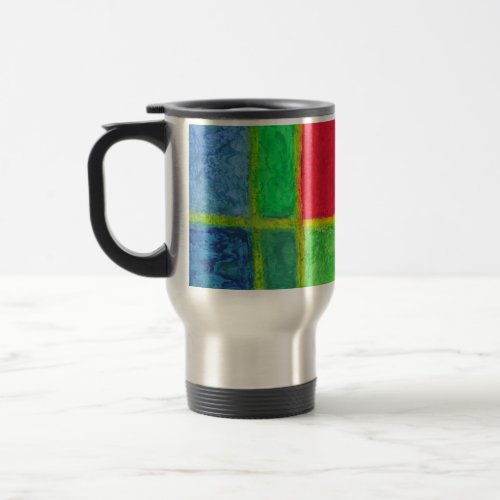 Red Square within a blue green abstract grid Travel Mug