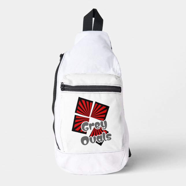 Red Squares with Beams and Gray Ovals Text Sling Bag (Front)