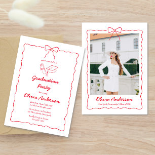 Red Squiggle Hand Drawn Bow Photo Graduation Party Invitation
