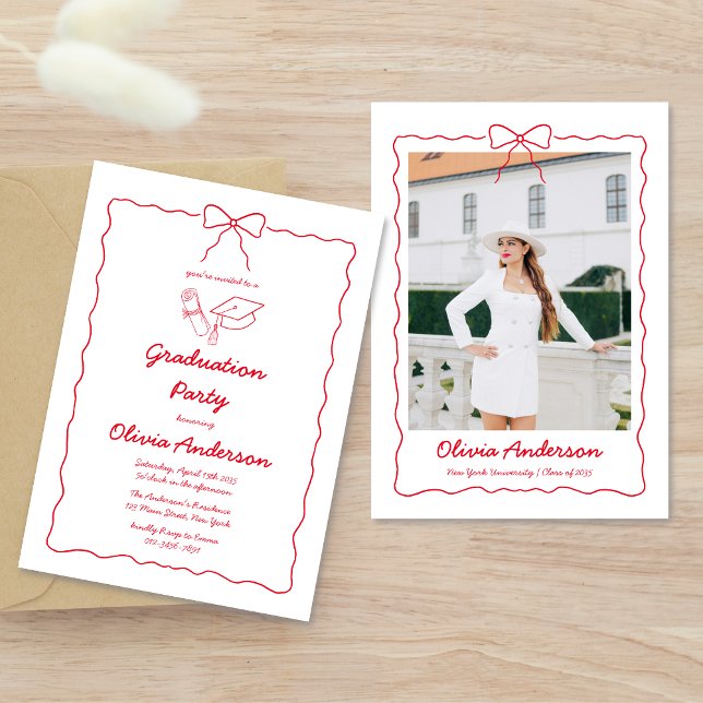 Red Squiggle Hand Drawn Bow Photo Graduation Party Invitation (Creator Uploaded)
