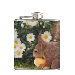 Red Squirrel and Daisies Cute Photo Flask