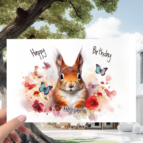 Red Squirrel and Flower Meadow _ Wildlife Birthday Card