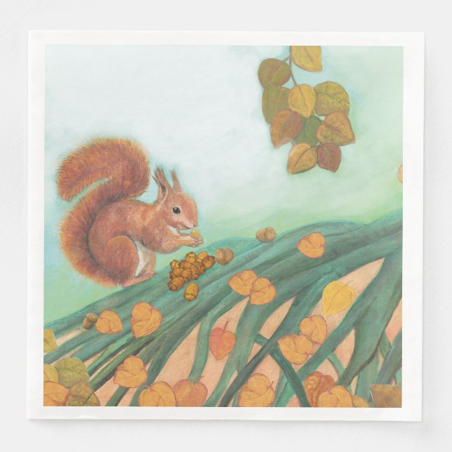 Red Squirrel Eating Hazelnut Illustration Paper Dinner Napkins (Front)