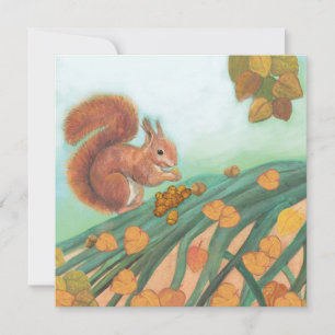 Red Squirrel Eating Hazelnuts Illustration Card
