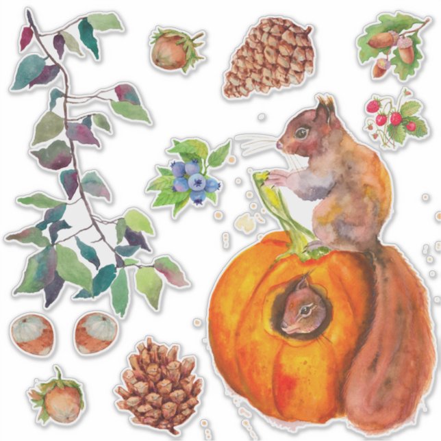 Red Squirrel Forest Acorns Pine Cone Leaves Rustic Sticker (Front)