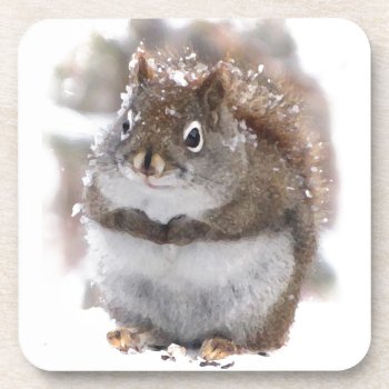 Red Squirrel  In Snow Beverage Coaster by Bebops at Zazzle