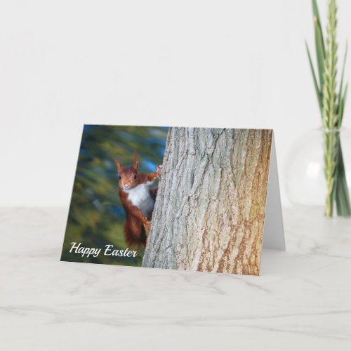 Red Squirrel on Tree Happy Easter Card