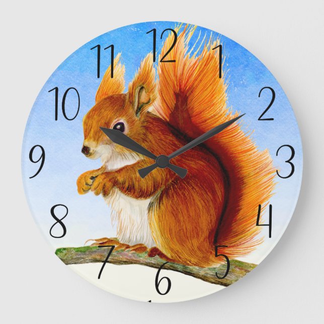 Red Squirrel Watercolor Painting Postcard Large Clock (Front)