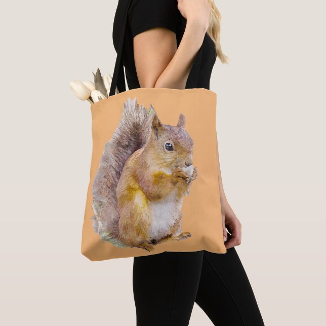 Red squirrel watercolor painting tote bag (Close Up)