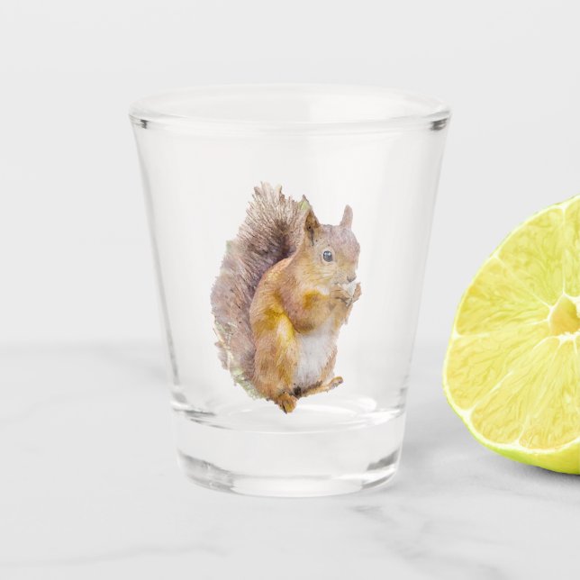 Red squirrel watercolor shot glass (Front)