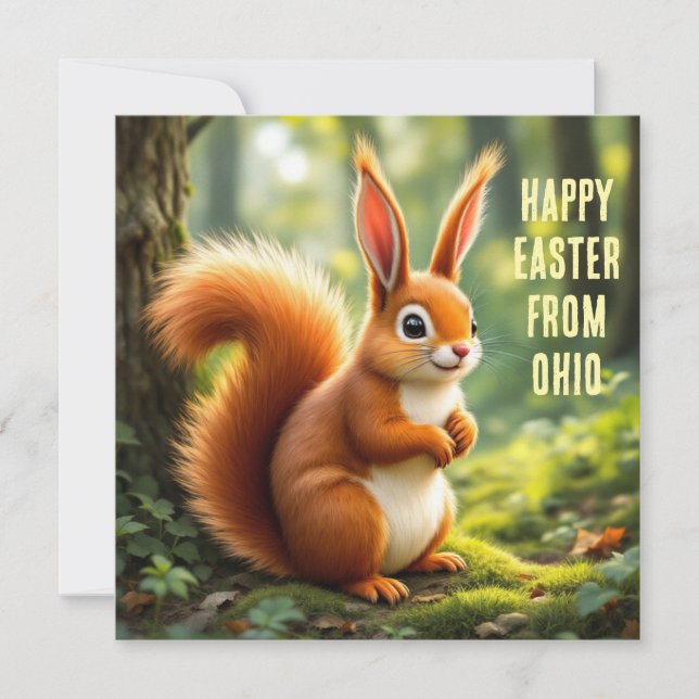 Red squirrel with rabbit ears holiday card (Front)