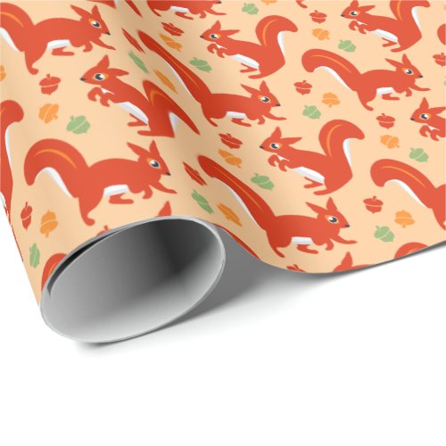 Red Squirrels and Acorns Autumn Fall Colors Wrapping Paper