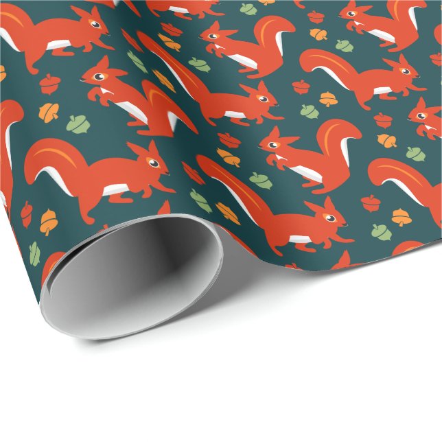 Red Squirrels and Acorns Backyard Autumn Birthday Wrapping Paper (Roll Corner)