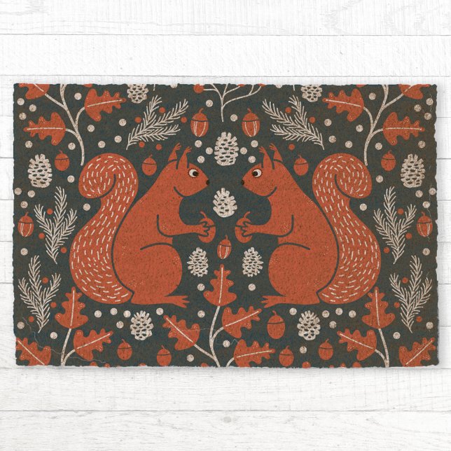 Red Squirrels in the Forest Fiber Doormat (Squirrels in the Forest woodland pattern coir fiber doormat)