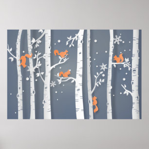 Red Squirrels White Cypress Trees Papercut Poster