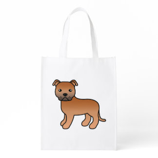 Red Staffordshire Bull Terrier Cute Cartoon Dog Grocery Bag