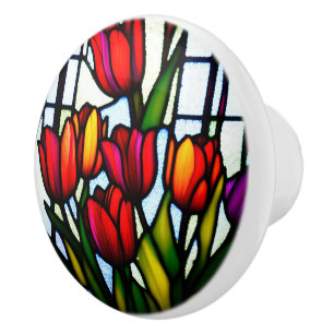 Red Stained Glass Tulips, Ceramic Knob