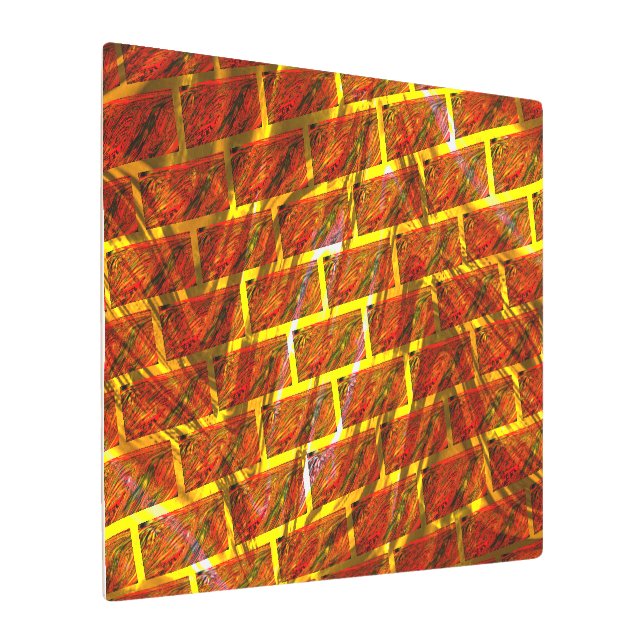Red stained, scratched, gold grid or brick effect? metal print (Angled)