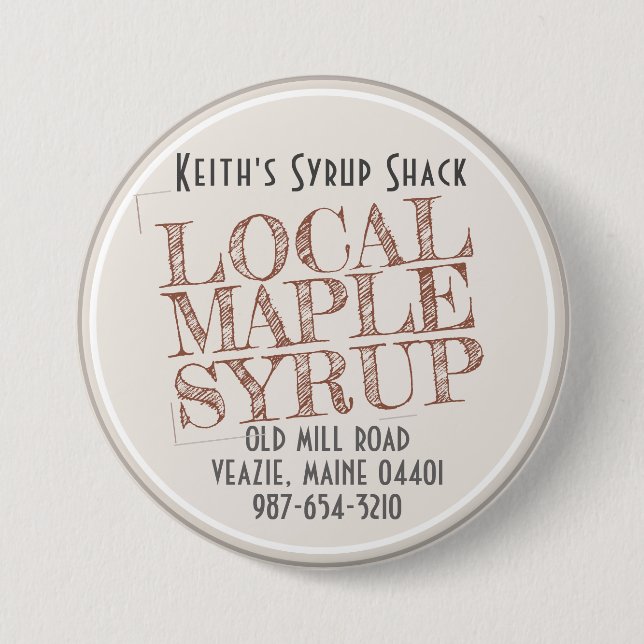 Red "Stamped" Local Maple Syrup Business Name Button (Front)