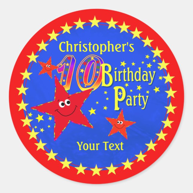 Red Star 10th Birthday Party Round Sticker (Front)