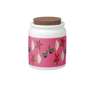 Red star fish, scuba and shells on pink candy jar