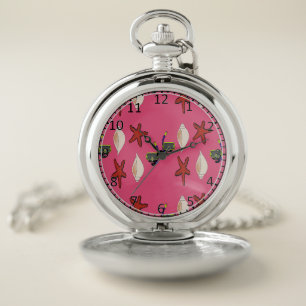 Red star fish, scuba and shells on pink pocket watch
