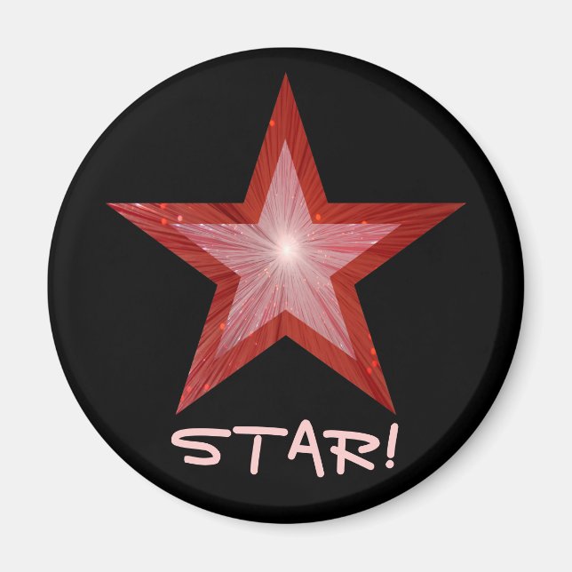 Red Star fridge 'STAR!' magnet round black (Front)