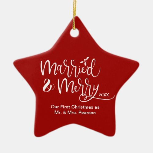 Red Star Our First Christmas Married Merry Photo Ceramic Ornament